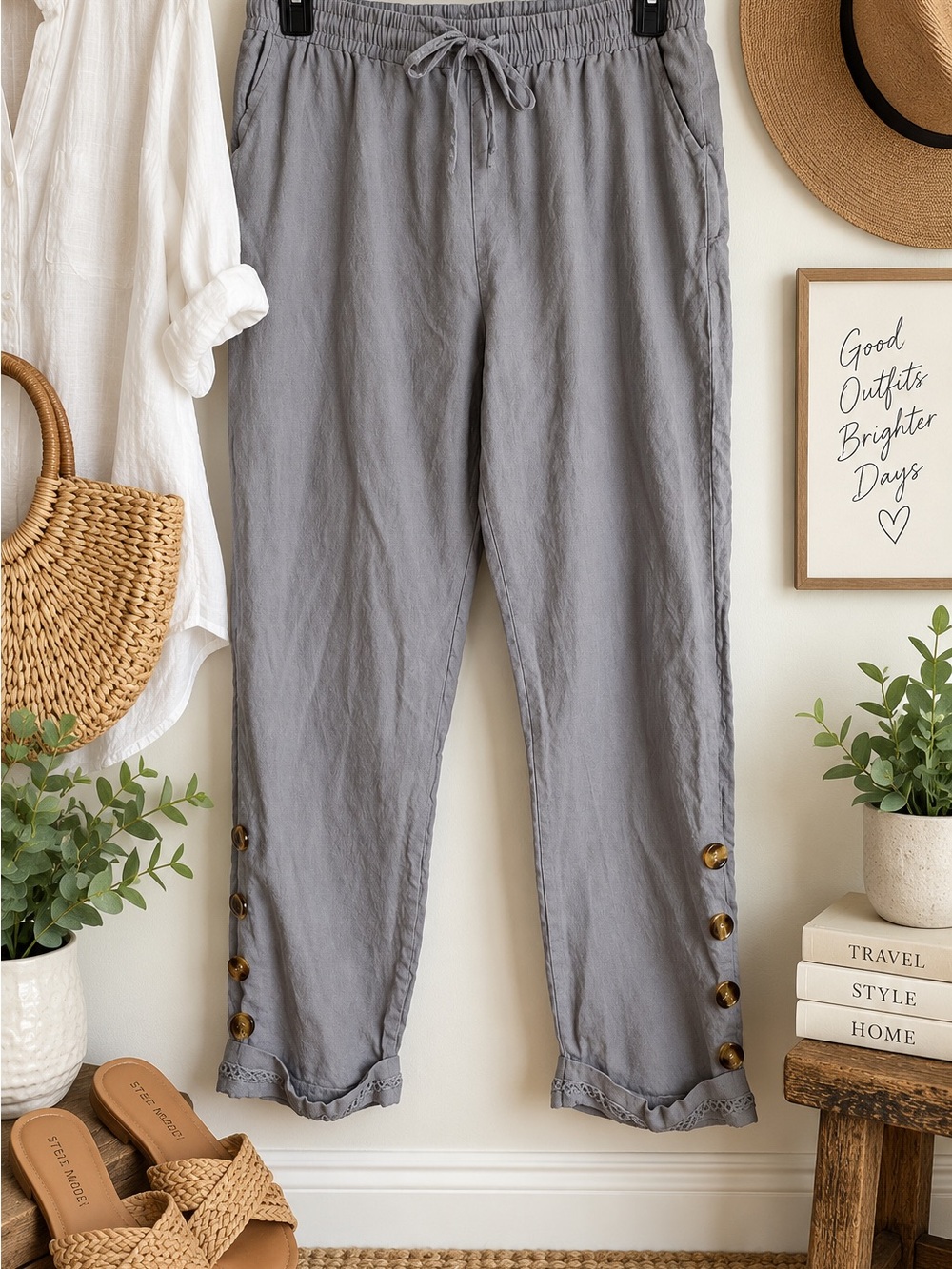 Casual Straight-Leg Drawstring Pants in Gray